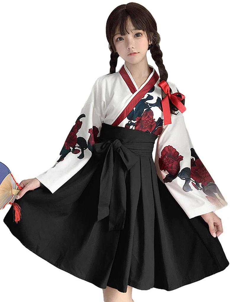 Qichenk Japanese Cosplay Gothic Lolita Rose Print Short Size Size S Kimono, Clothing, Costume, Women's Yukata, Dress, Length, hf003-D-Black,