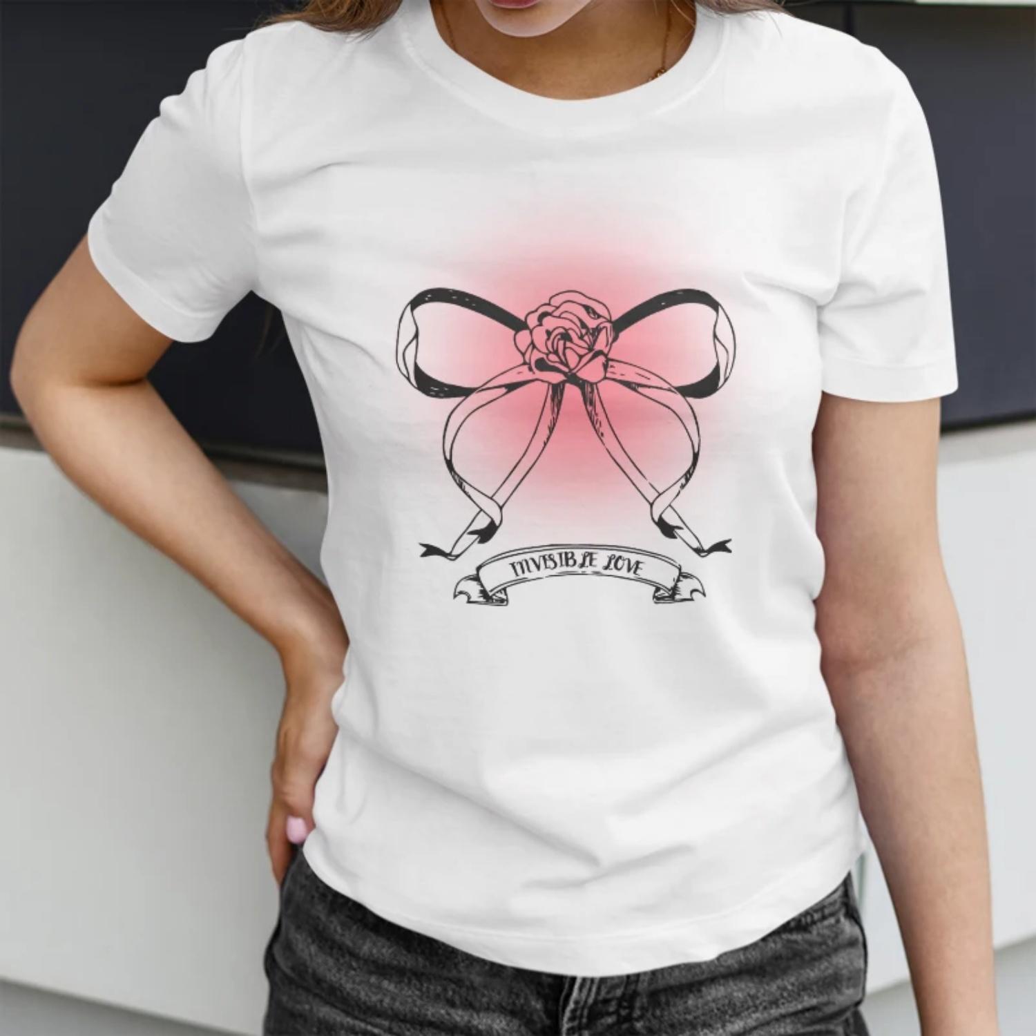 Women s Short Sleeve T Shirt with Invisible Love Bow and Rose Print S