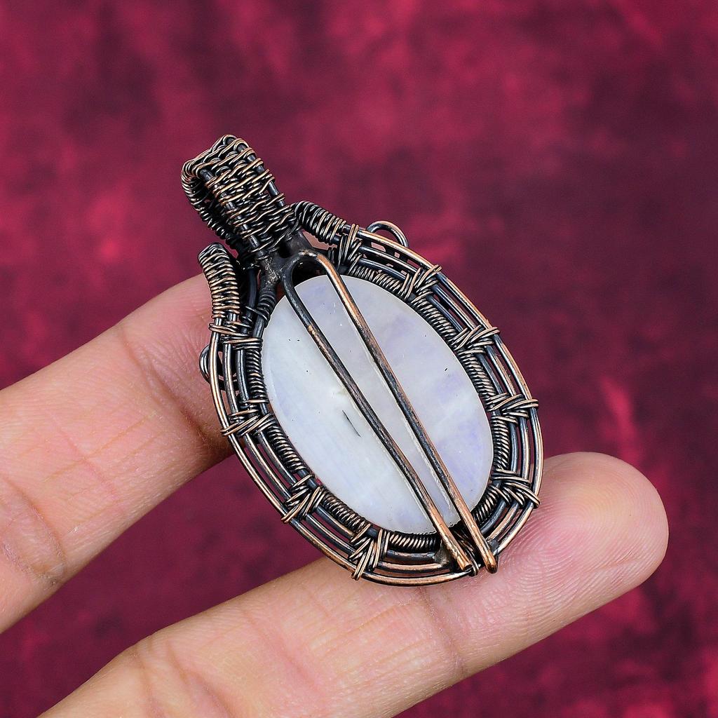 Rainbow Moonstone Pendant Copper Wire Wrapped Gemstone Jewelry Handmade Pendant