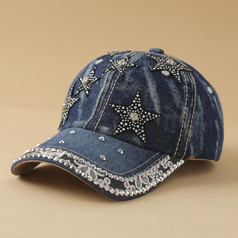 Shiny Rhinestone Cowboy Baseball Cap, Decorated With Glittering Crystal Stars / Heart-Shaped Embellishments. Adjustable Casual S