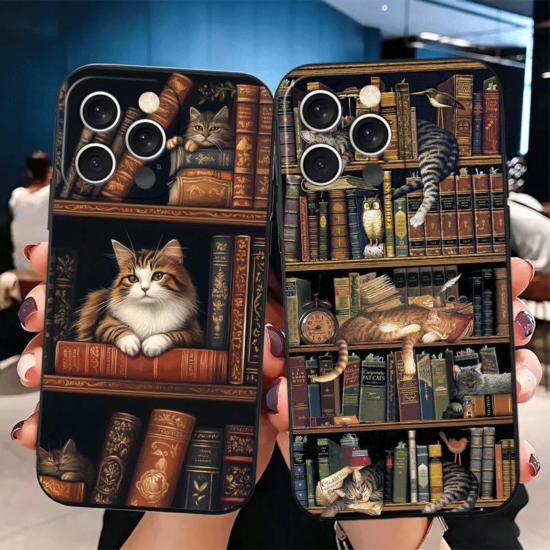 Cute Cat Bookshelf Interesting Soft Phone Case for iPhone 16 16E 17 Air 15 Pro Max 14 Plus 13 Mini 11 12 7 Black Cover Back Shel