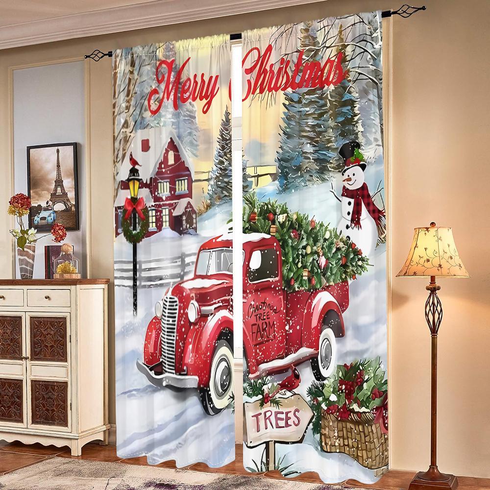 2 Pieces, Merry Christmas Red Truck Curtains -30% Blackout - Suitable for Living Room, Bedroom, Kitchen, Home Decoration