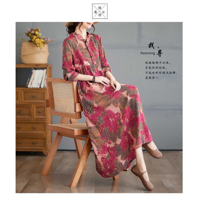 Printed Loose Belly Shading Mulle Lace Long Sleeve Hem Long Dresses