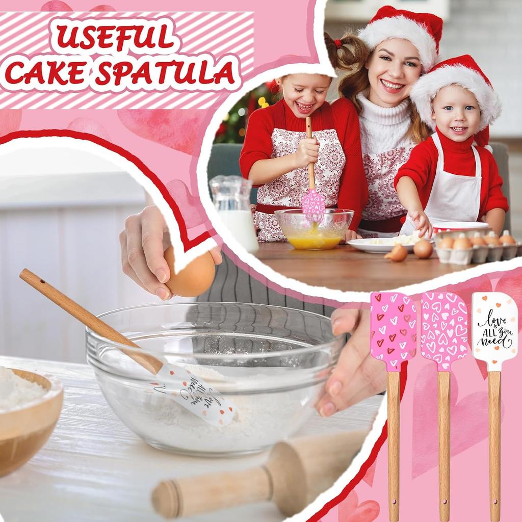 9 Pcs Pink Valentine's Day Kitchen Accessories Decor 6 Kitchen Towels 3 Heart Silicone Spatulas with Wooden Handles Pink Heart Gnome Bicycle Truck