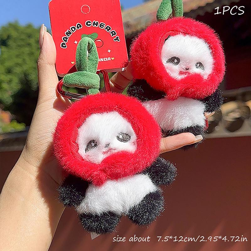 Cartoon Cute Cherry Panda Plush Doll Stuffed Toy Keychain Pendant Key Charm Bag Hanging Ornaments  Accessories Kids Gifts