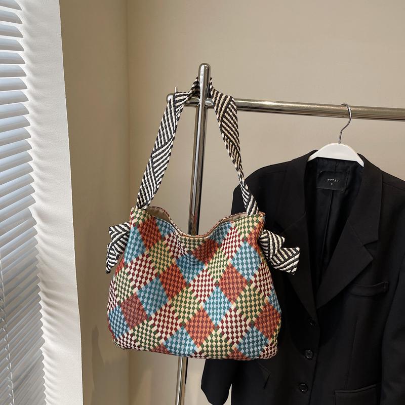 Color Block Tote Bag Women Print Plaid Shoulder Bag