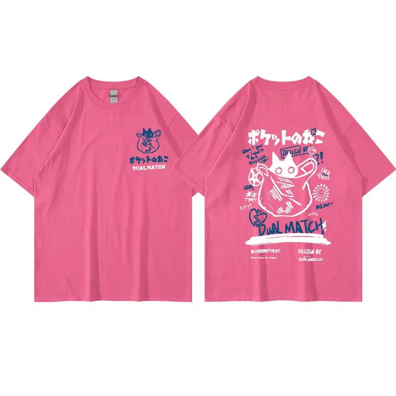 2022 Hip Hop T-Shirt Streetwear Japanese Kanji Funny Cat Print T Shirt Harajuku Cotton Casual Short Sleeve Tshirt Tops