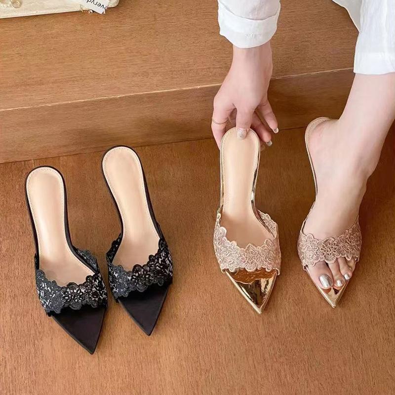 Fashion 2025 French Champagne Lace High Heel Slippers Women Pointed Toe Thin Heel Summer Sandals Elegant Niche Strappy Slides