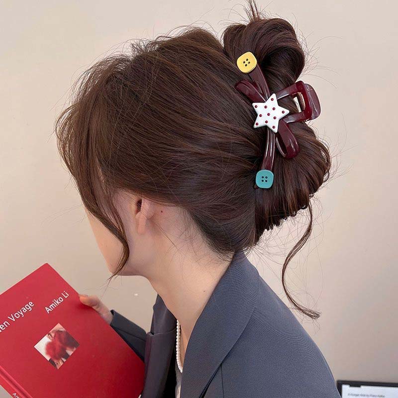 Korean Red Point Star Bowknot Hair Claw Clip for Women Sweet Acrylic Large Shark Clip Ponytail Headwear Hair Accessories