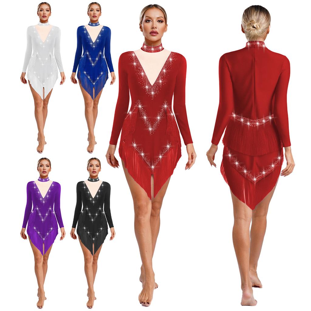 Womens Latin Dance Dress Mock Neck Long Sleeve Irregular Hem Shiny Rhinestones Tassel Performance Costume