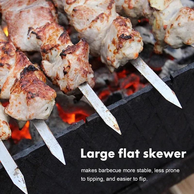 30PCS Barbecue Flat Stick Steel Brazier Wooden Handle Big Flat Stick Outdoor Barbecue Tools Stainless Steel Barbecue Stick