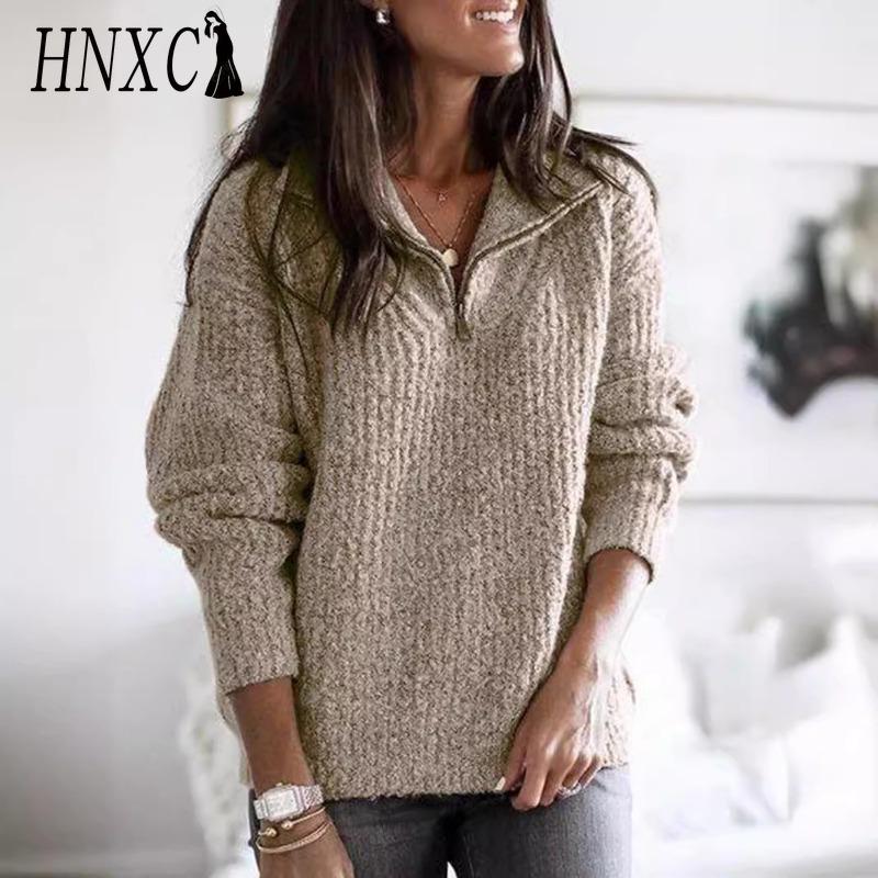 HNXC Women's Fashion Casual Solid Color Print Autumn Winter Long Sleeve Zip Collar Loose Sweaters