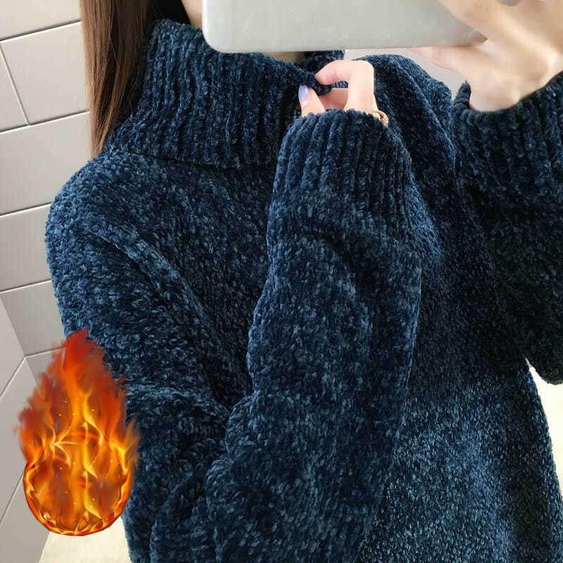 Women's Autumn Winter Loose Elastic Thick Knitted Sweaters Solid Female Warm Base Shirt