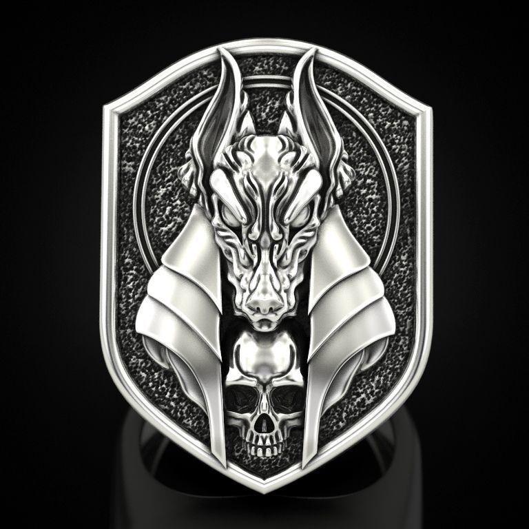 Zhenrong Anubis 18k Gold-Plated Men's Ring - Creative Ancient Egyptian Mythology Design with Jackal Head and Human Body.