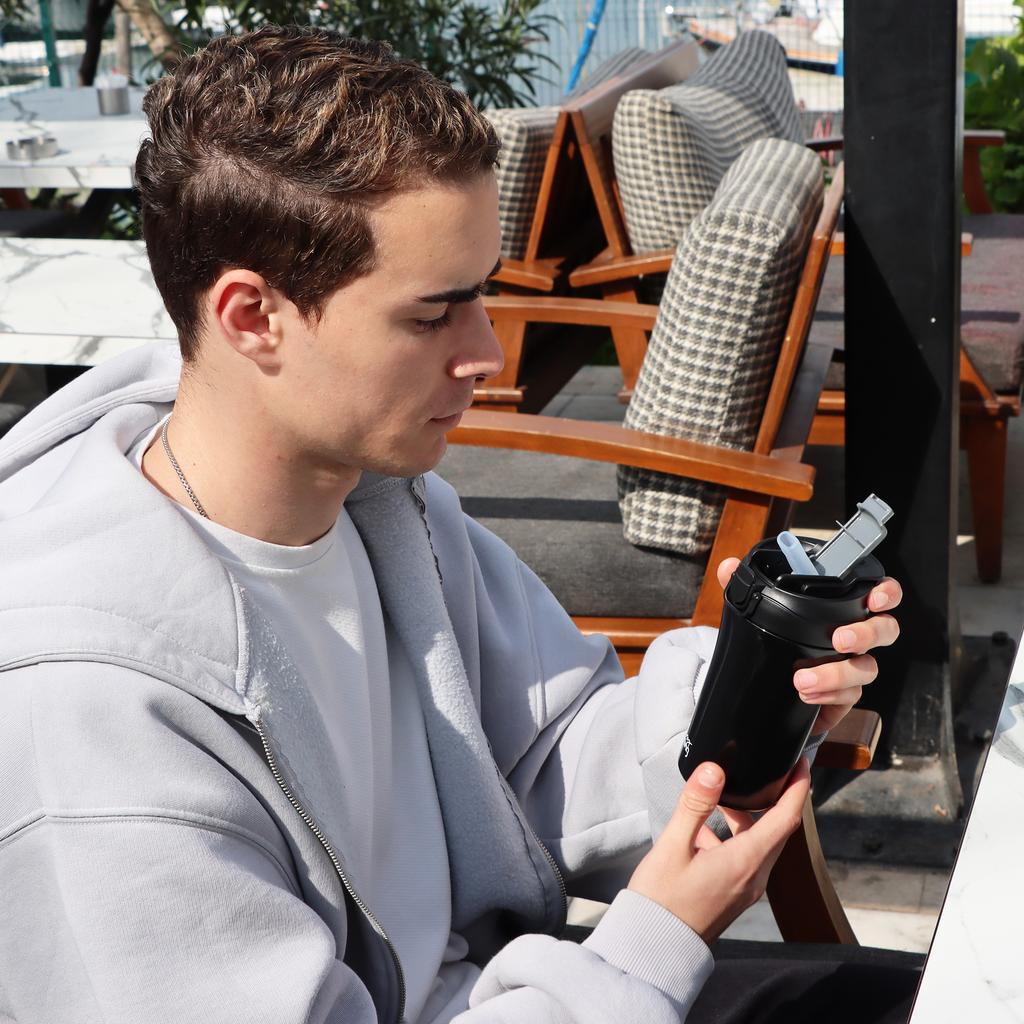 Any Morning SI232021 Two Mouth Travel Mug, 14 Oz, Black