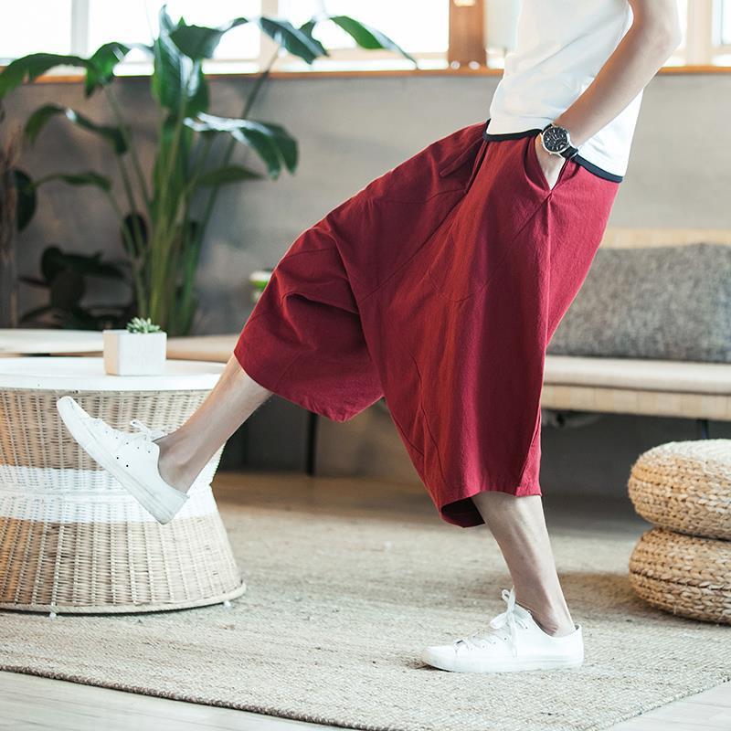 Spring Summer Thin Beach Casual Shorts Men Japenese Wide Leg Baggy Capris Pants Male Sport Running Shorts