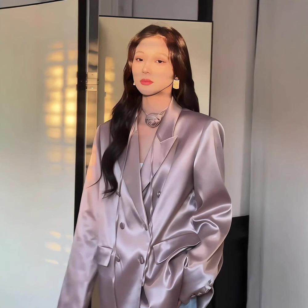 Niche Design Women's Satin Blazer - Double-Breasted, High-End Korean Fashion for Spring & Autumn 2025