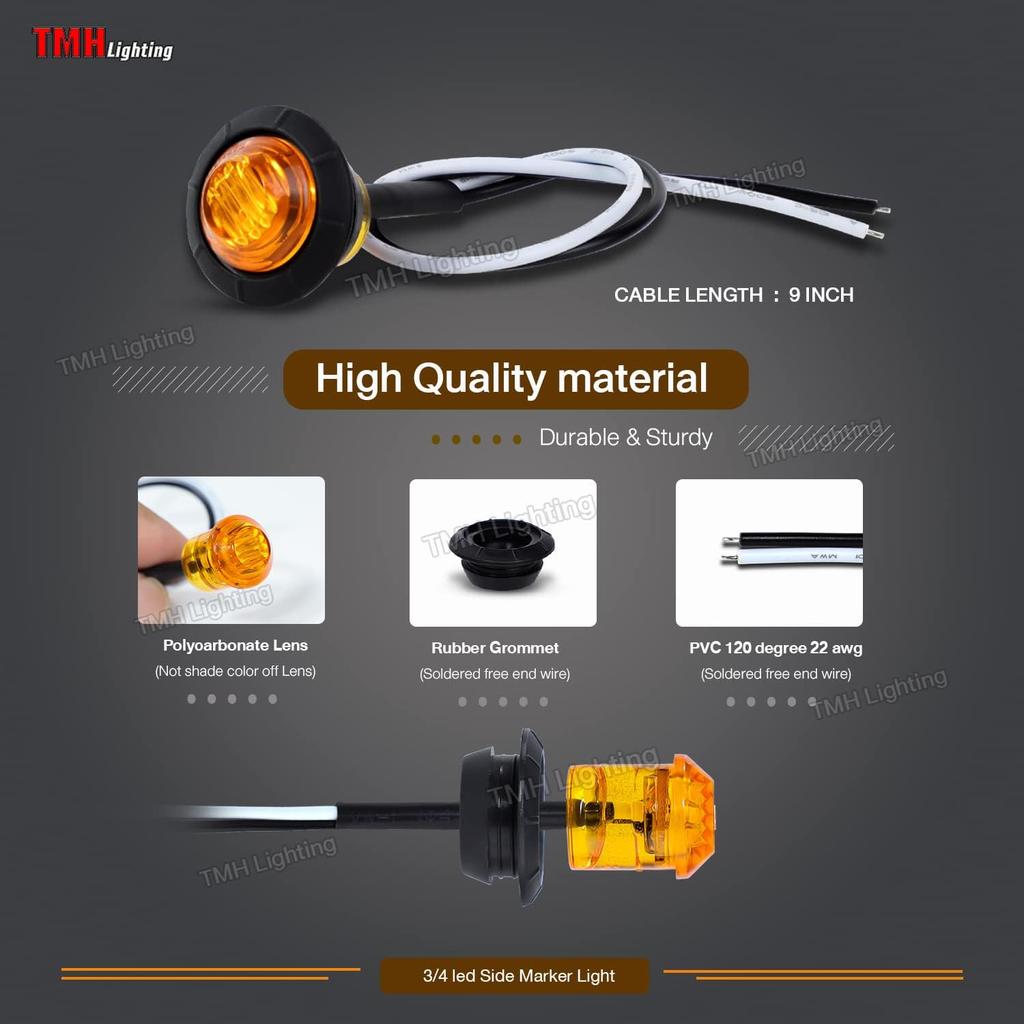 TMH 50 Pcs 3/4 Inch Mount Amber 3 LED Mini Round Trailer Side Marker Indicator Lights Clearance Button Signal Lamps Universal for Trucks Lorry Boat