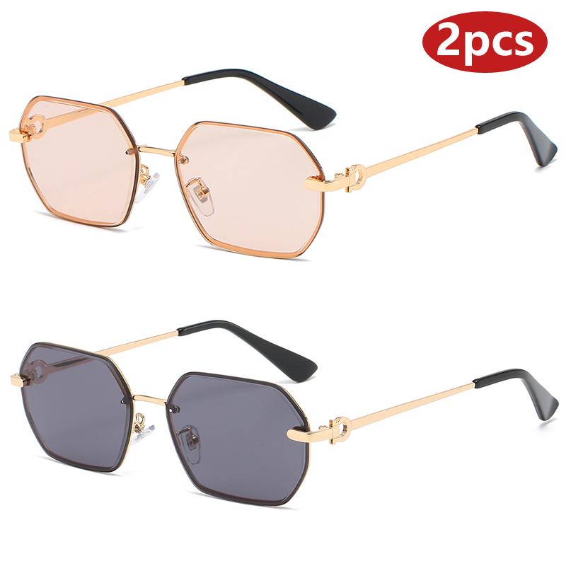 

2Pcs Pack Vintage Metal Small Frame Rectangle Sunglasses Women Men Punk Gradient Colorful Rimless Cycling Sun Glasses Uv400