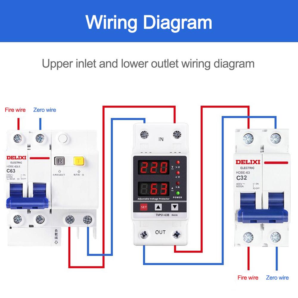 Din Rail Dual Display Adjustable Over Voltage Current And Under Voltage Protective Device Protector Relay 63A 80A 220V
