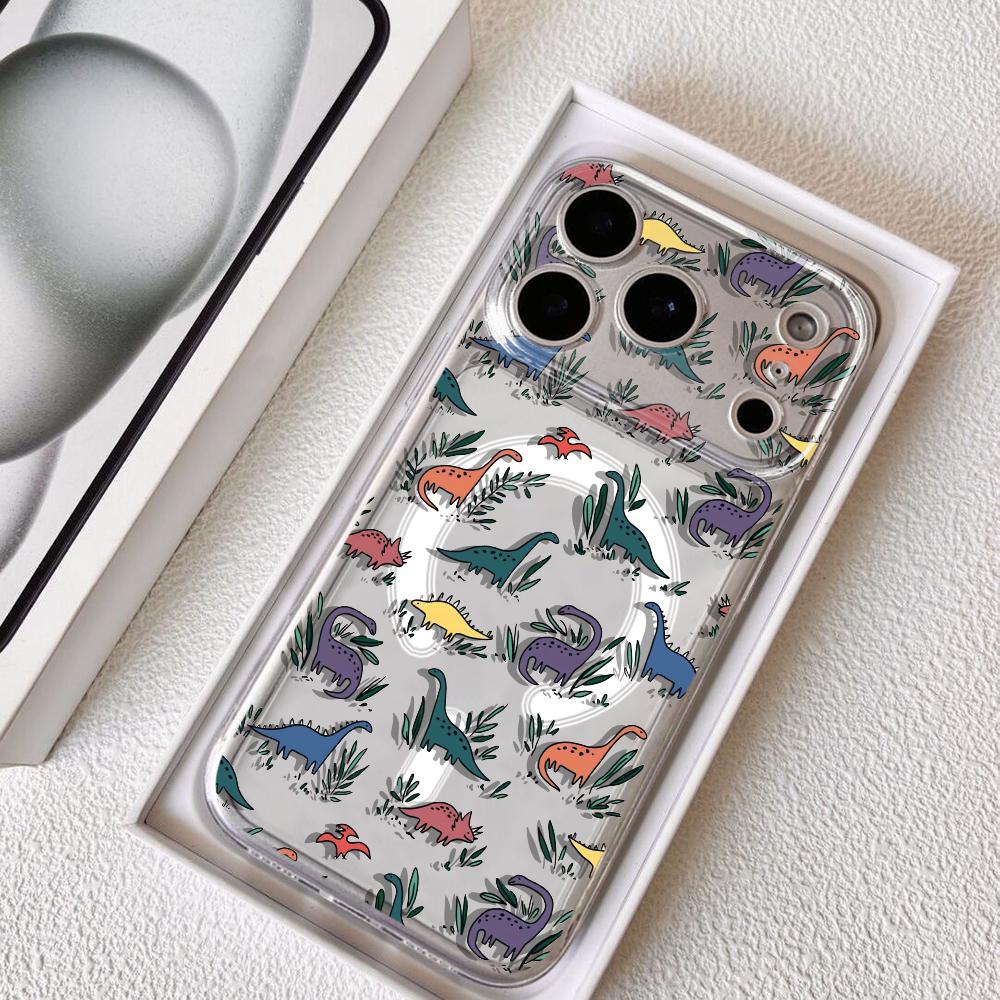 Cartoon Dinosaurs Cute Phone Case For iPhone 17 16 15 14 13 12 Pro Max Plus With Magnetic Crystal Clear Case Wireless Charge
