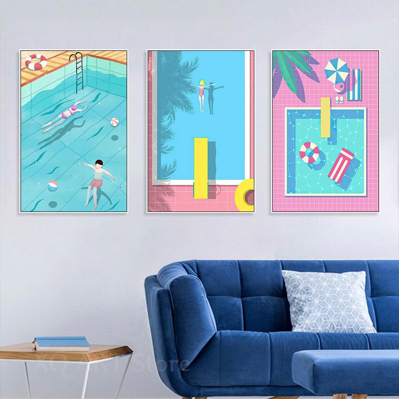 Nordisk Blå Simbassängfest Konst Affisch Tryck Kvinna Fritidsliv Semester Dykning Canvas Målning Mural Badrum Sim Heminredning