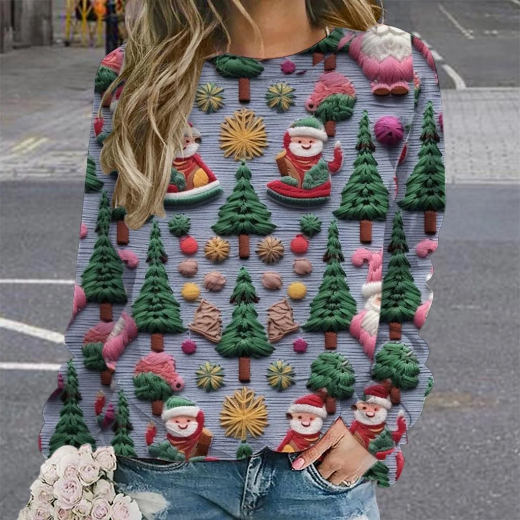 Christmas Women Sweatshirt Designer Round Neck Long Sleeve Loose Casual Santa Claus Cute Cartoon Fun Pattern Printed Tops