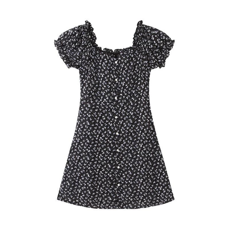 Summer French Temperament Bubble Sleeves Large U-neck Black Floral Chiffon Waist Slimming Print Dress S чёрный