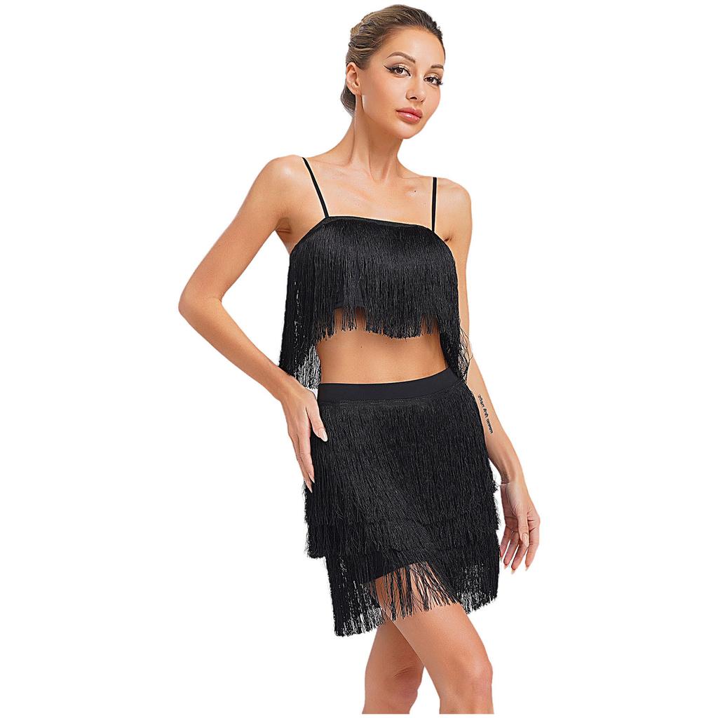Womens 2 Piece Fringe Dance Set Adjustable Spaghetti Strap Crop Top Elastic Waist Tassel Skirt Club Party Costume