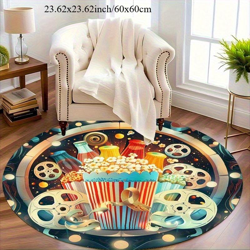 Cinema Popcorn Film Reel Pattern Flannel Rug Printed Round Mat Movie Night Decor Outdoor Garden Patio Floor Covering