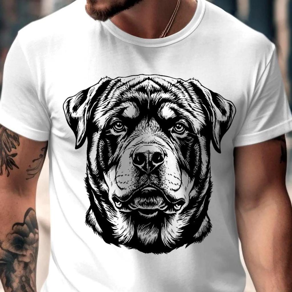 Tattoo Style Black Stencil Rottweiler Dog Face T Shirt Casual For Lovers Rotty Mom Dad vintage Washed Versatile Stylish