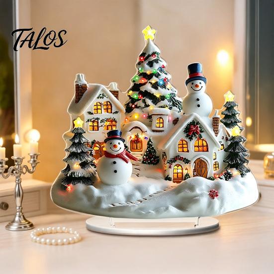 Winter Themed Decorative Art Christmas Acrylic Ornament, 2D Flat Snowy Cottage Ornament with Base, Small for Desk Display Santa Snowman Table