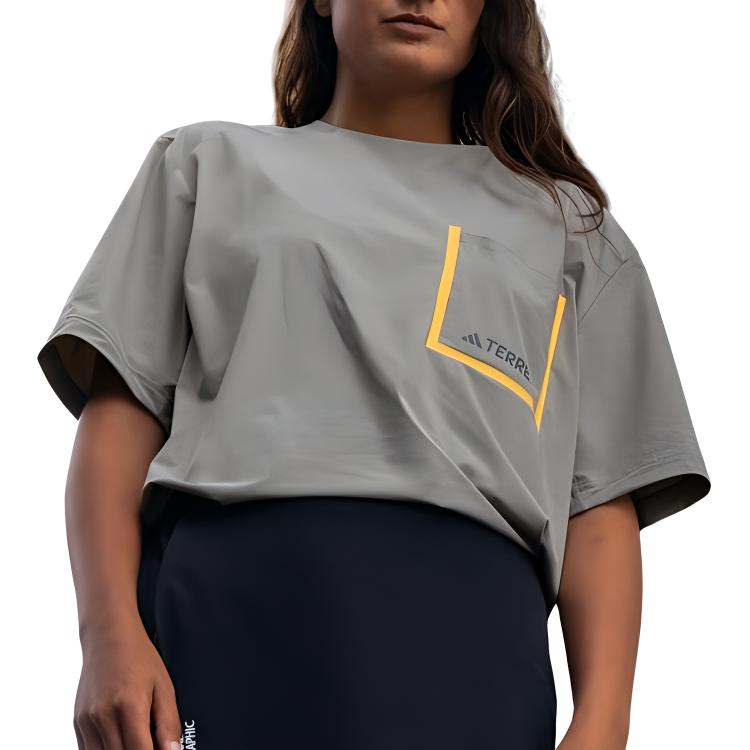 Adidas Solid Color Woven Crew Neck Logo T-Shirt Women Tops Gray IS9519