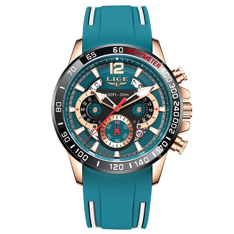 

LIGE Luxury Mens Watches Original Case Large Dial Watch Men Business Wristwatch Sports Watch for Men зелений