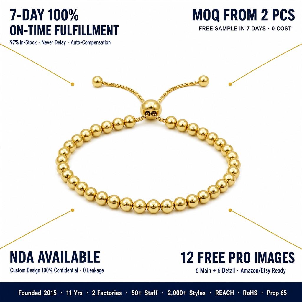 Ready to Ship 18K PVD Stainless Steel Gold Bead Bracelet Adjustable Stainless Steel Gold Bracelet for Women