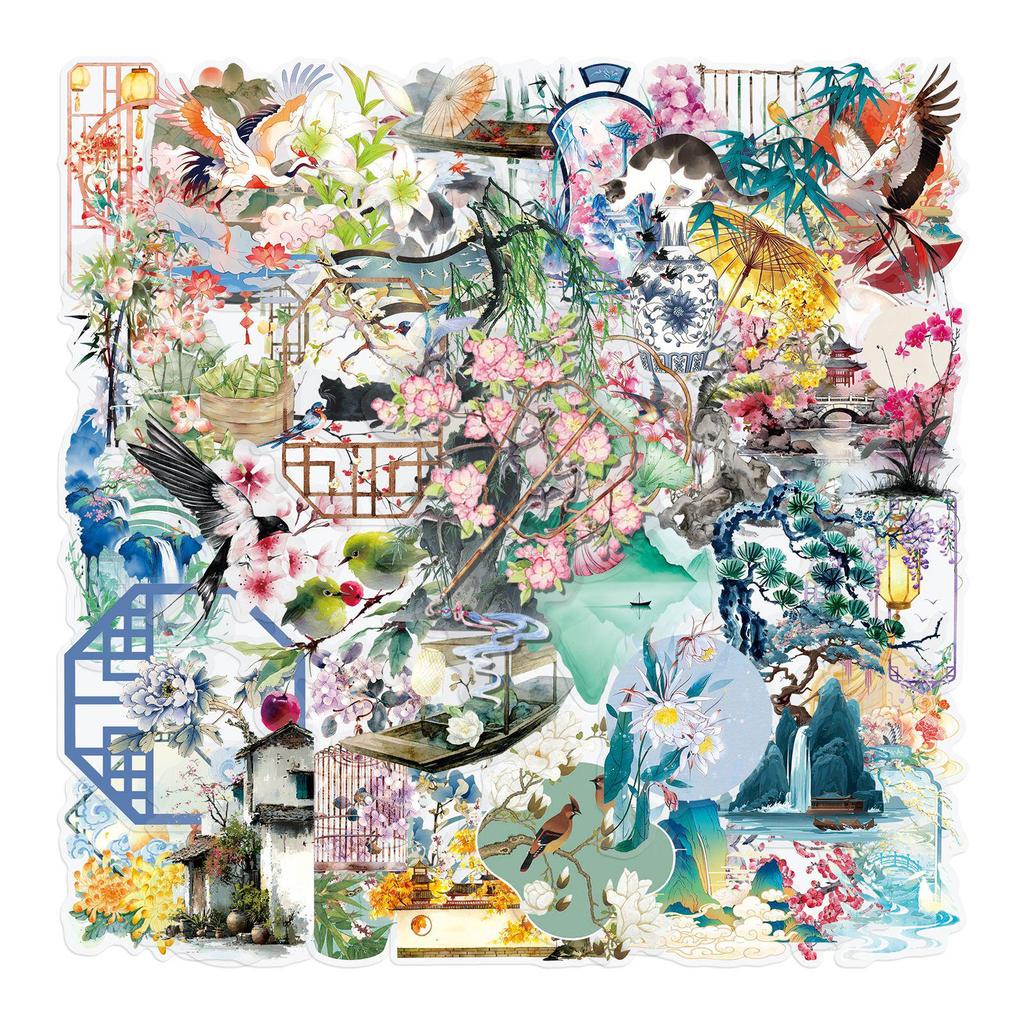 50 Chinese Ancient Style HD PET Waterproof Stickers: Journal Decor & Phone Case DIY Transparent Sheets