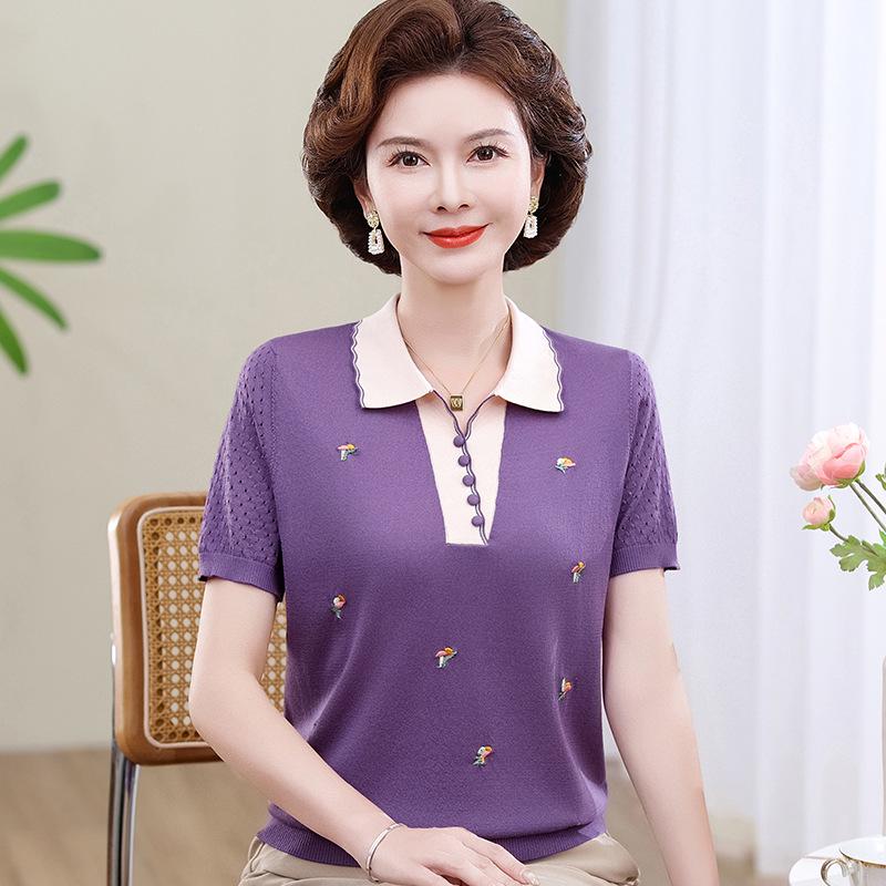 

Stylish Ice Silk Knit Lapel Top for Middle-Aged & Elderly Women - Short-Sleeve Summer T-Shirt XL (105-120 jin)