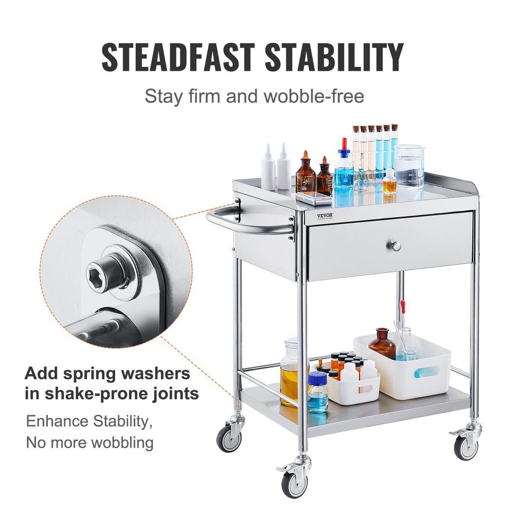 Medical Cart, 2 Layers Stainless Steel Cart 220 lbs Weight Capacity, Lab Utility Cart with 360° Silent Wheels and a Drawer for Lab, Clinic, Kitchen,