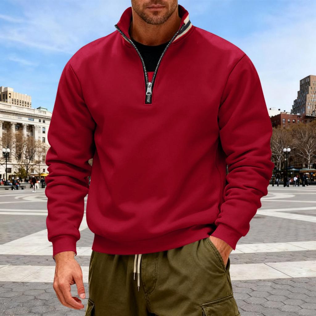 Men's Solid-color Casual Fleece Hoodie, Men's Loose Stand-up Collar Semi-zipper Casual Sport Pullover Hoodie