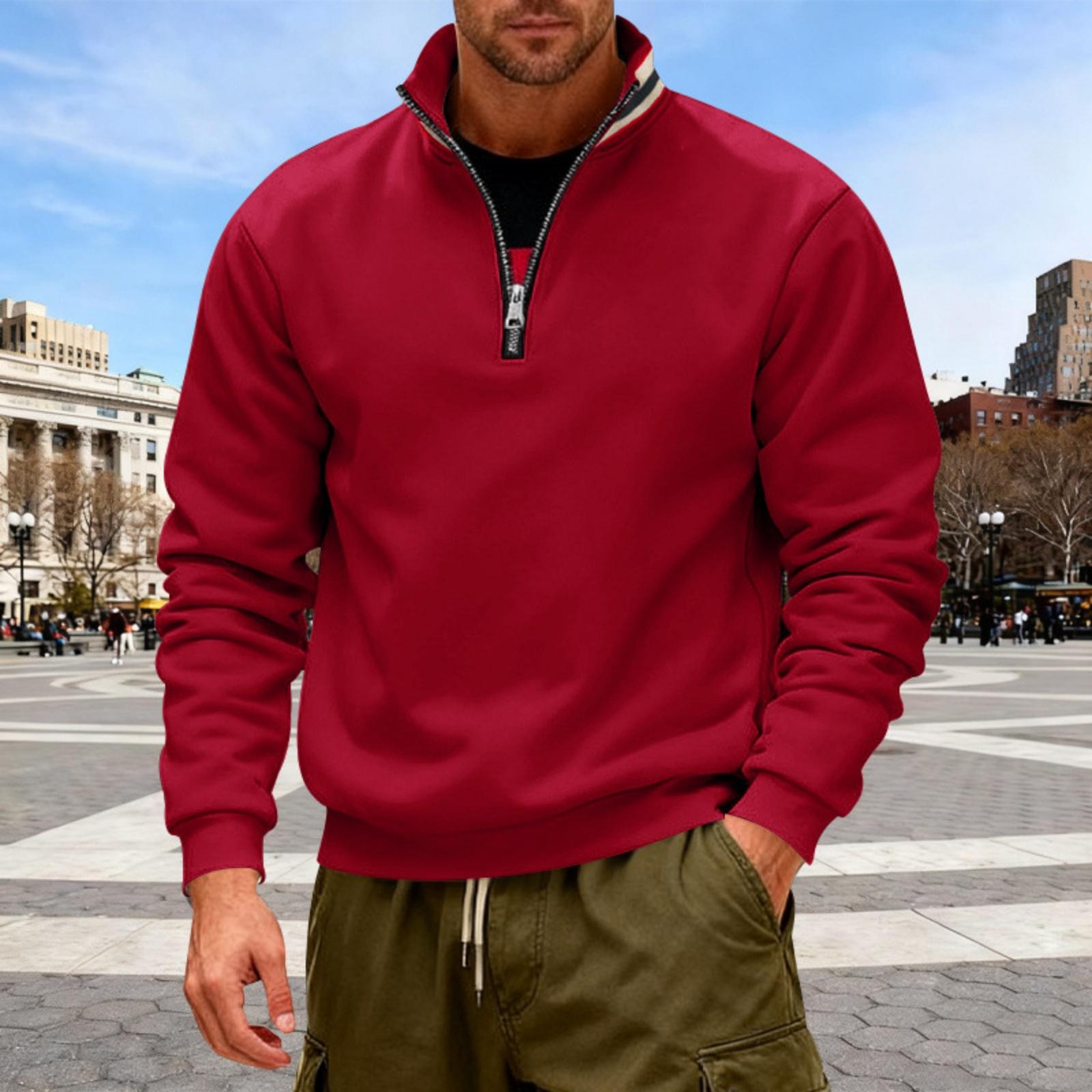 

Men s Solid-color Casual Fleece Hoodie, Men s Loose Stand-up Collar Semi-zipper Casual Sport Pullover Hoodie M
