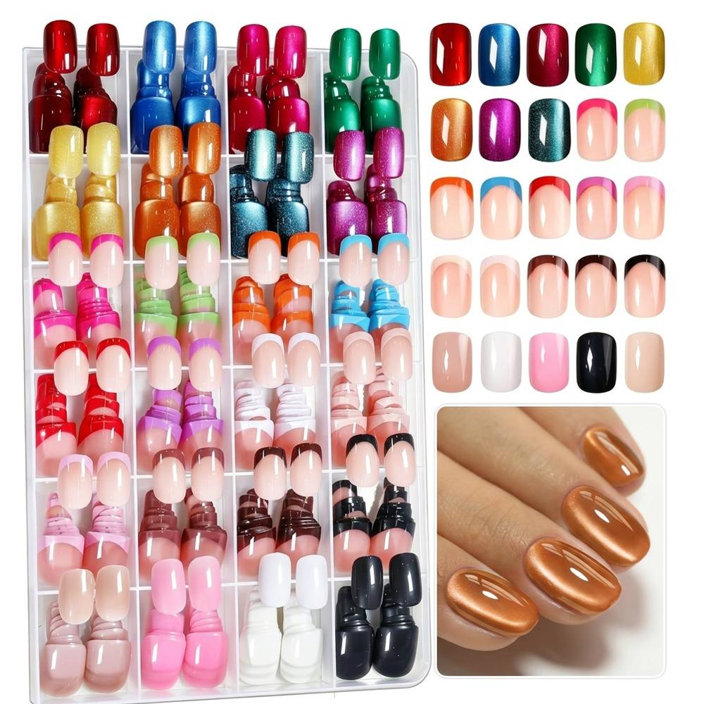 288Pcs Chic French Cat Eye Press On Nail 24 Different Colors French Cat Eye Fake Nail Office Appropriate Cat Eye False Nail