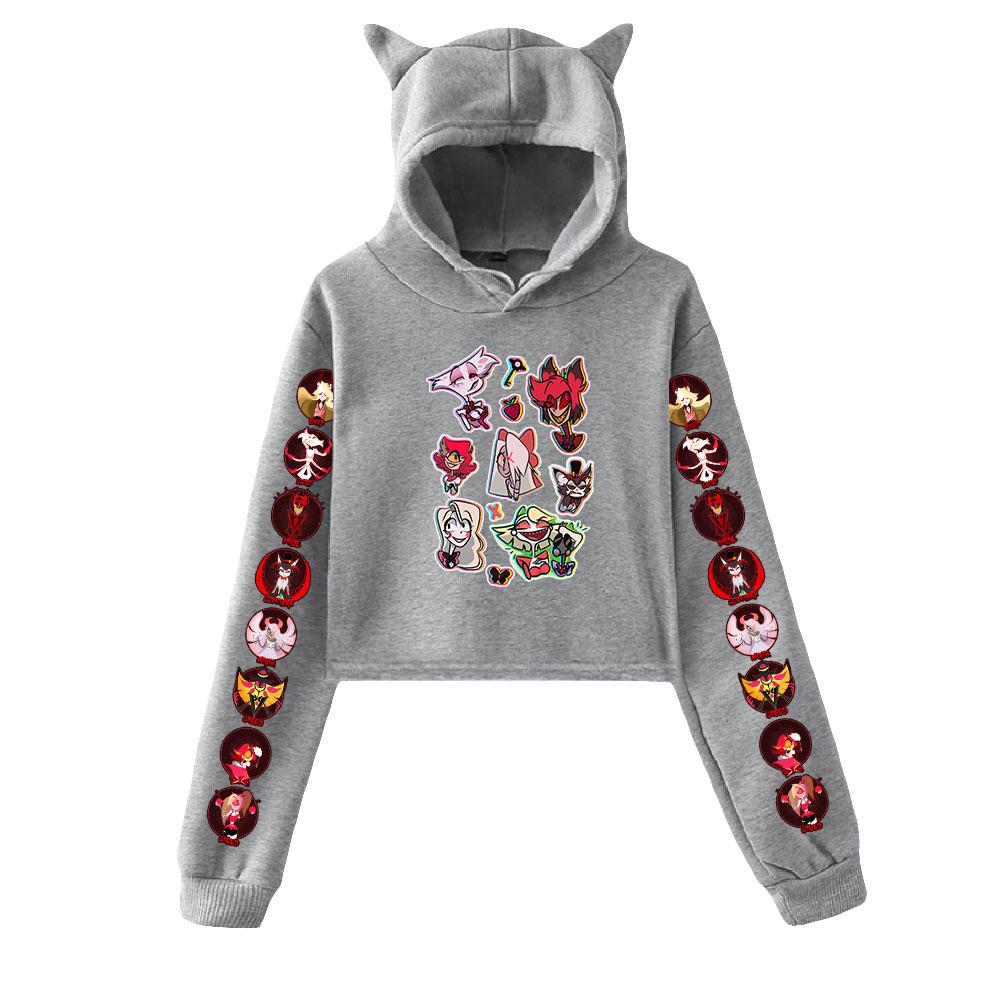 Spring Autumn Cropped Sweatshirts Women Casual Hazbin Hotel Print Long Sleeve Hoodies Pullover Shirt Hooded Sweatshirt Tops