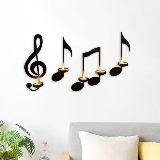 Black Music Note Wall Sconce Metal Wall Mounted Candle Holder Musical Symbol Tea Light Holder Rack for Living Room Dining Room