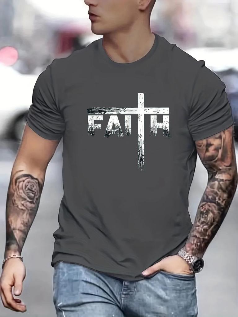 Men's Summer 3D Printed Men's T-shirt Faith Print Loose Large Casual Round Neck Short Sleeve T-shirt