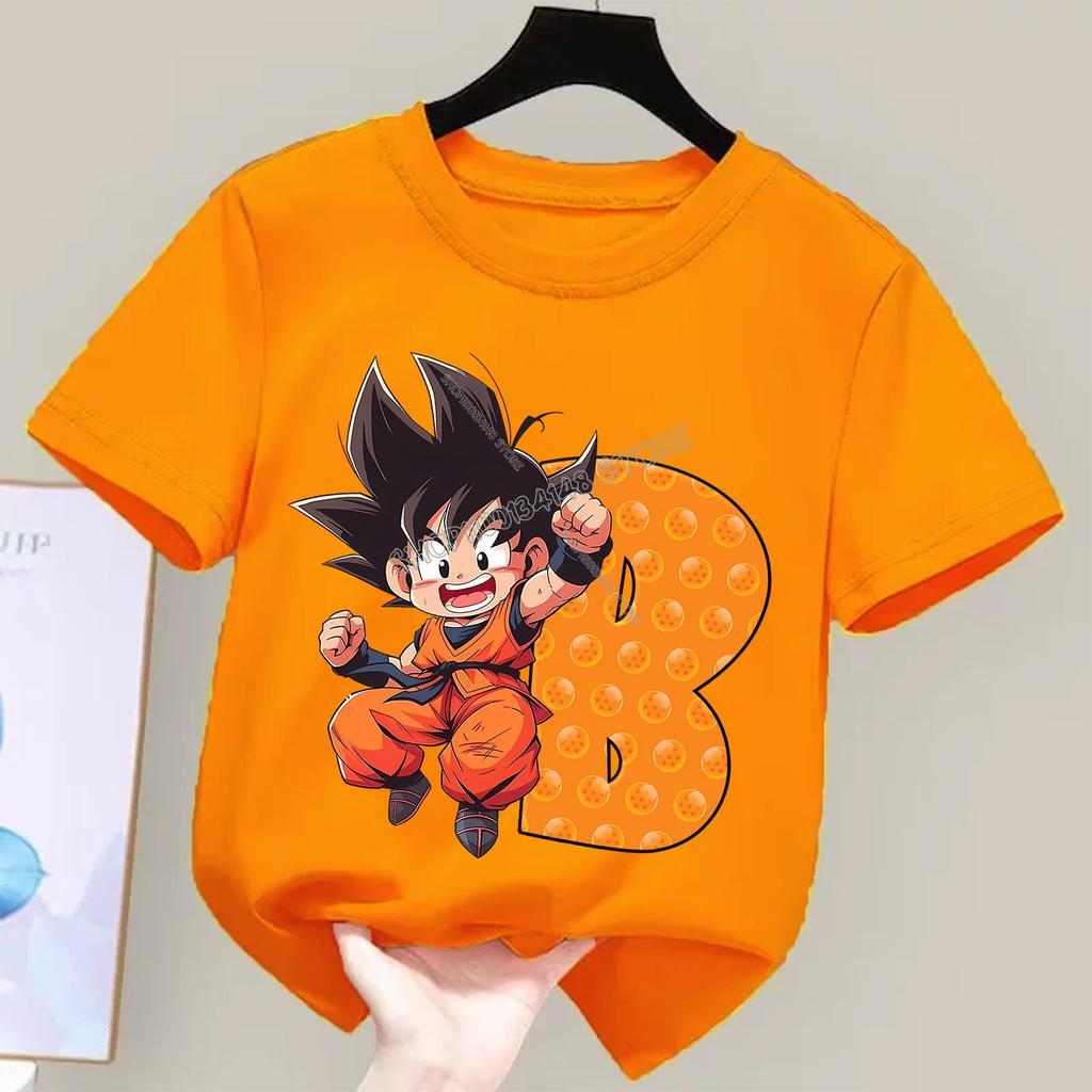 Dragon Ball Goku T-shirt for Children Cartoon A-Z Letters Tee Top Boys Girls Orange Clothes New Kids Short Sleeve Clothing Gift