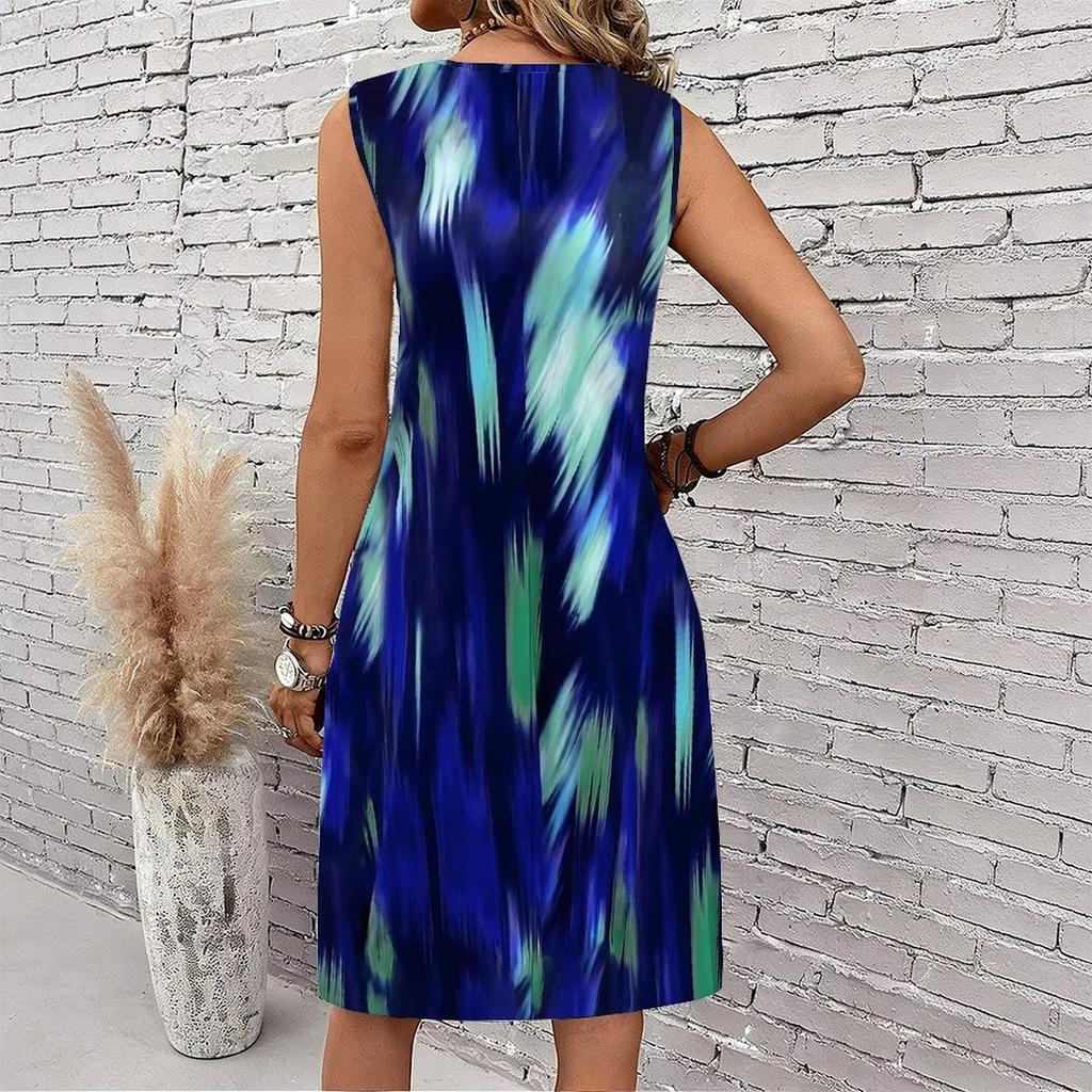 Plus Size V Neck Sleeveless Dress Misty Mountain Bamboo Ink Print For Scenic Area Travel