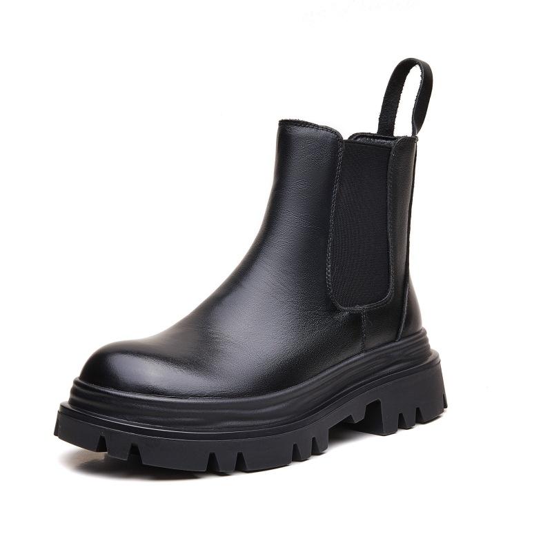 Short Boots Women's Leather Thick-soled Ins Cigarette Boots Chelsea Women's New Year-old High and Thin Martin Short Boots
