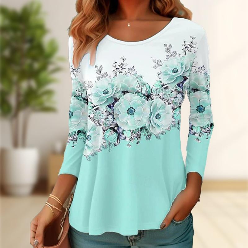 

Топы для женщин с принтом камелии, круглым вырезом и длинным рукавом, футболка, осенний повседневный тонкий пуловер, женский топ с длинным рукавом L светло-синий