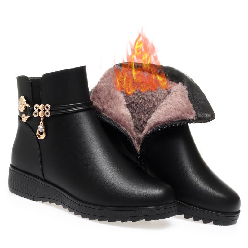 Coarse heel short boots women's autumn and winter new boots mother shoes soft leather soft sole elderly cotton shoes comfortable velvet leather shoes