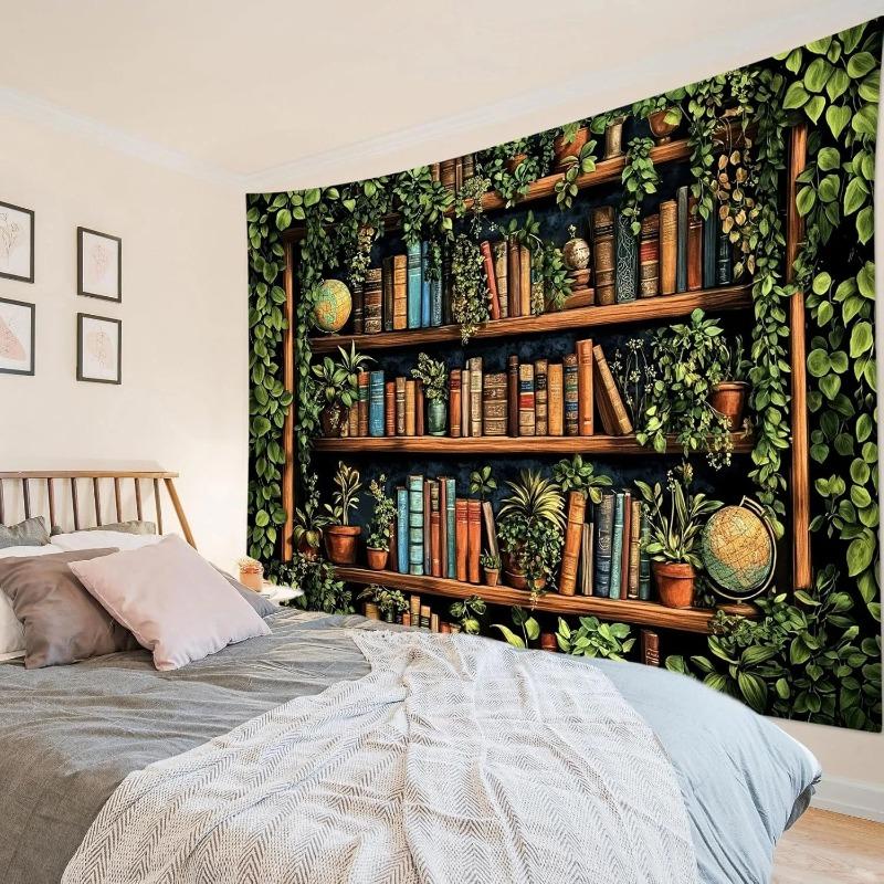 1pc Retro Library Tapestry Multiple Sizes 2D Print Vintage Book Green Plant Design Polyester Fiber Classroom Dorm Decor Scholar